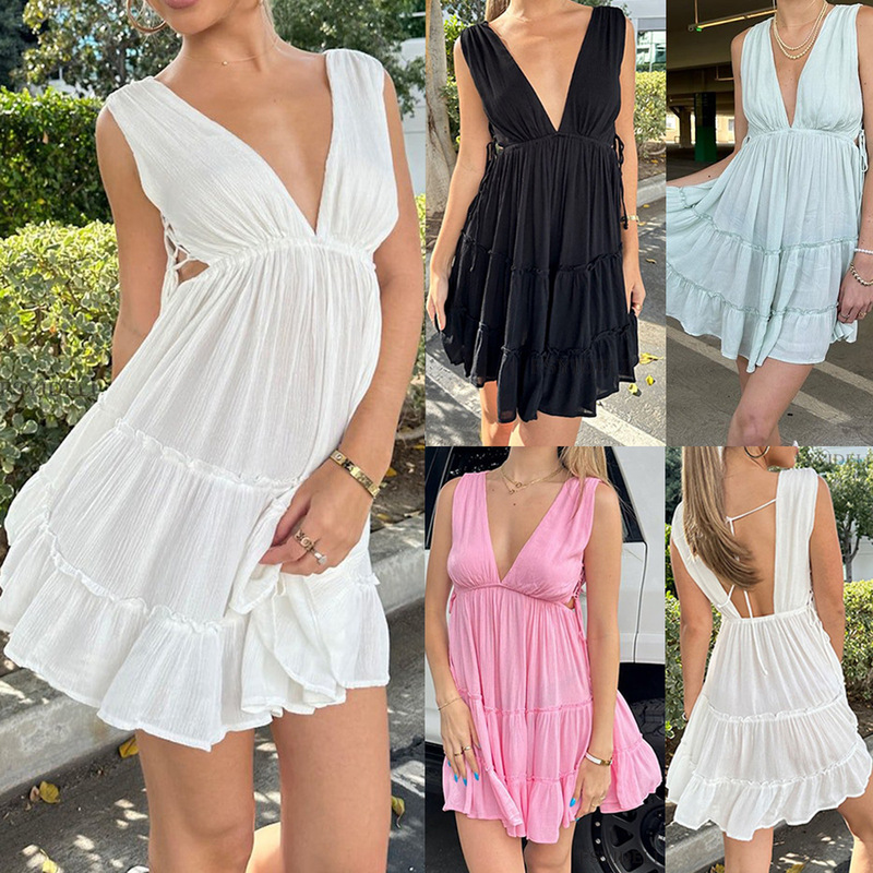 Seaside Vacation Dress Summer New Hot Selling Sleeveless Short Skirt Front and Rear V Neck Waist Tie Skirt for Women 3351
