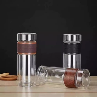 木纹茶水分离玻璃杯泡茶双层木纹泡茶杯定制可印logo广告礼品水杯