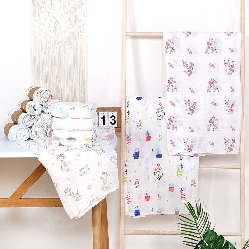 Bamboo Cotton Wrapping Towel Soft Gauze Children's Quilt Baby Bath Towel Cartoon Cover Blanket Printed Swaddling Towel Double-Layer Thin Quilt