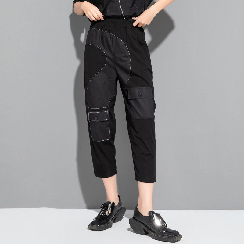 Summer thin harem pants elastic waist personalized stitching women's pants European-style multi-pocket casual cropped pants
