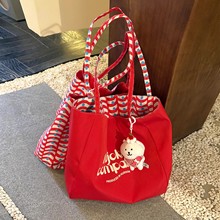 韩系红色休闲格纹帆布包包女大容量字母单肩托特包双面背通勤布袋