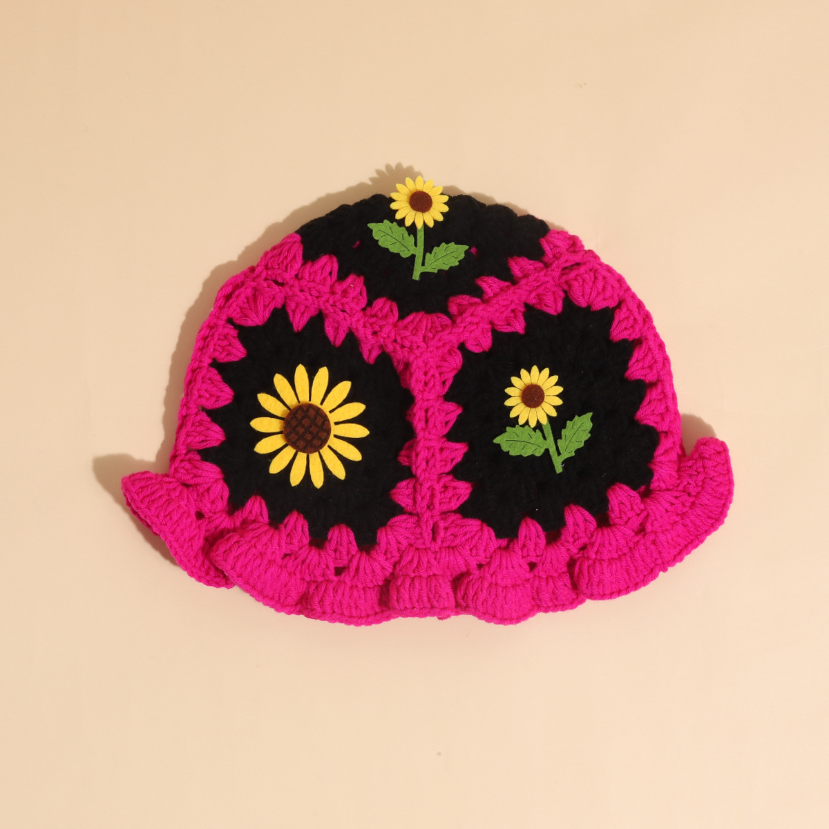 Cappello da pescatore con girasole tessuto a mano, autunno e inverno, carino cappello infantile con bordo a fungo, in lana all'uncinetto_voghion.com