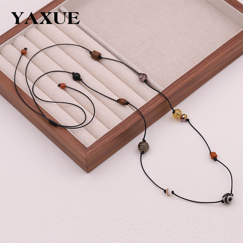 Cross-Border Fashion Adjustable Leather Cord Long Necklace Accessories Women's Ethnic Style Sweater Chain Necklace European and American Foreign Trade Jewelry