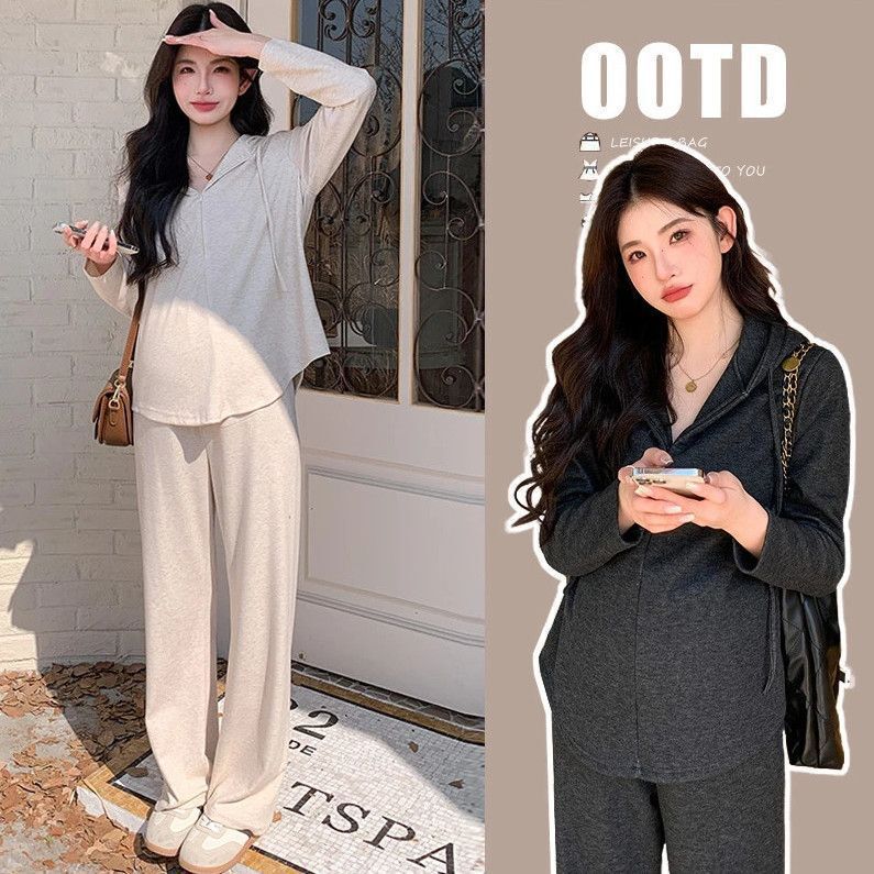 2025 Early Autum Outer Wear Suit, Western Style Pregnant Woman Lazy Style Half-Zip Hooded Top + Casual Pants Two-Piece Set