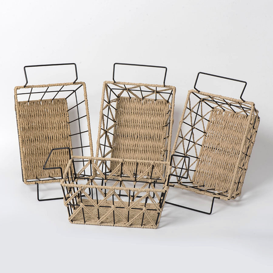 Cestas de almacenamiento de hierro forjado de estilo nórdico minimalista, cestas de almacenamiento de cuerda de papel tejidas a mano, cestas de acabado de artículos de diseño