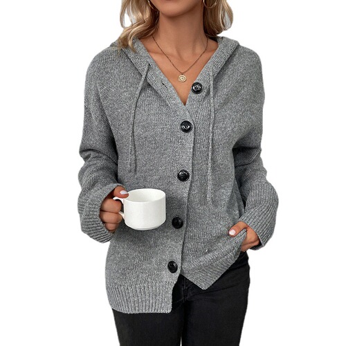 Women's Cap Sleeve Single Button Pure Color Cardigan Sweater with Hood, Knit Open Jacket for Autumn and Winter with Drawstring