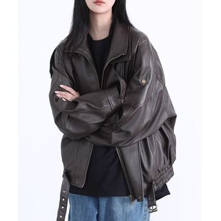 American Retro Heavy Industry Motorcycle Leather Jacket for Men and Women Autumn and Winter New Trendy Brand Loose Jacket Top Black