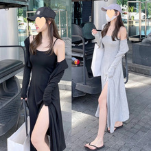 长款露腿过膝打底长裙两件套长袖连帽开衫晒衫裙开叉吊带连衣裙