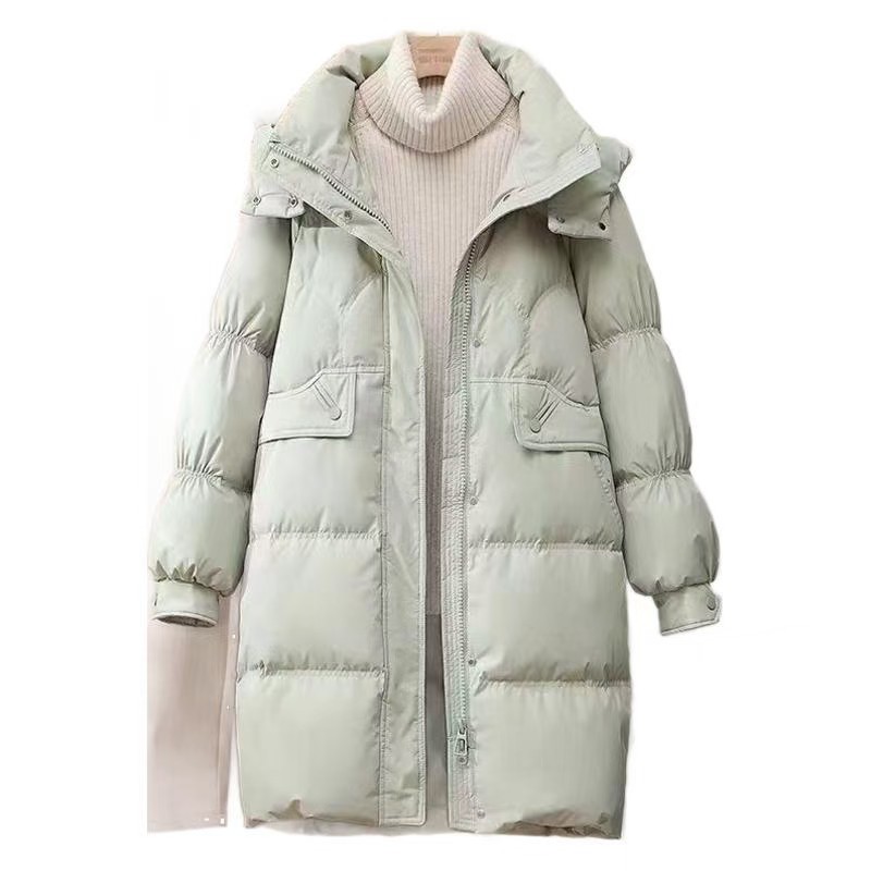 2025 새로운 다운 재킷 여성 겨울 중간 길이 슬림 후드 패션 라글란 슬리브 두꺼운 화이트 오리 다운 재킷 유행