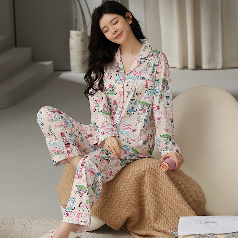 뜨거운 판매 봄과 가을 풀업 코튼 파자마 여성의 우아한 우아한 스타일 긴 소매 바지 카디건 플러스 사이즈 홈 의류 세트