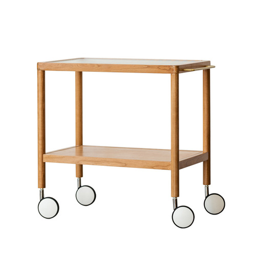 Nordic solid wood sofa side table, small apartment living room cherry wood glass tea table, Japanese style movable small cart with wheels