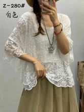 复古炒色刺绣蕾丝宽松显瘦七分袖花边复古宽松棉质套头上衣