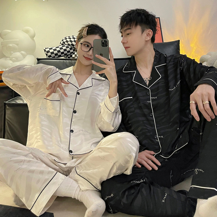 Pijama de pareja de seda de hielo para mujer primavera delgada manga larga para hombre jacquard de seda de hielo más tamaño Conjunto Avanzado de dos piezas