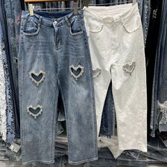 2025重工高级感爱心镂空烫钻牛仔裤女秋季新款个性时髦直筒裤