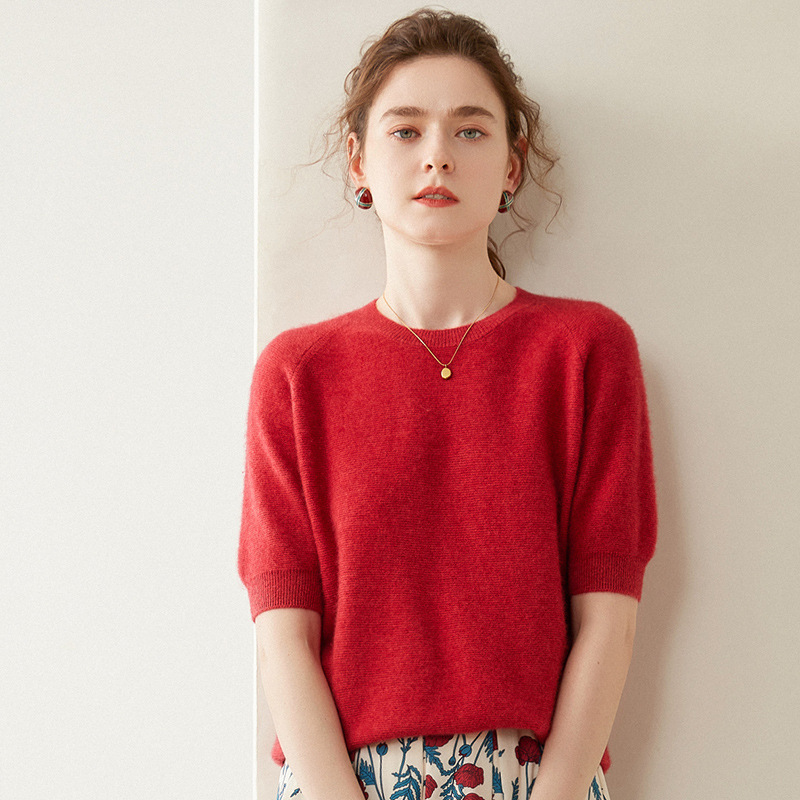 Round neck 100 pure cashmere sweater women's half sleeve top 2023 New loose all-match knitted half sleeve inner wear