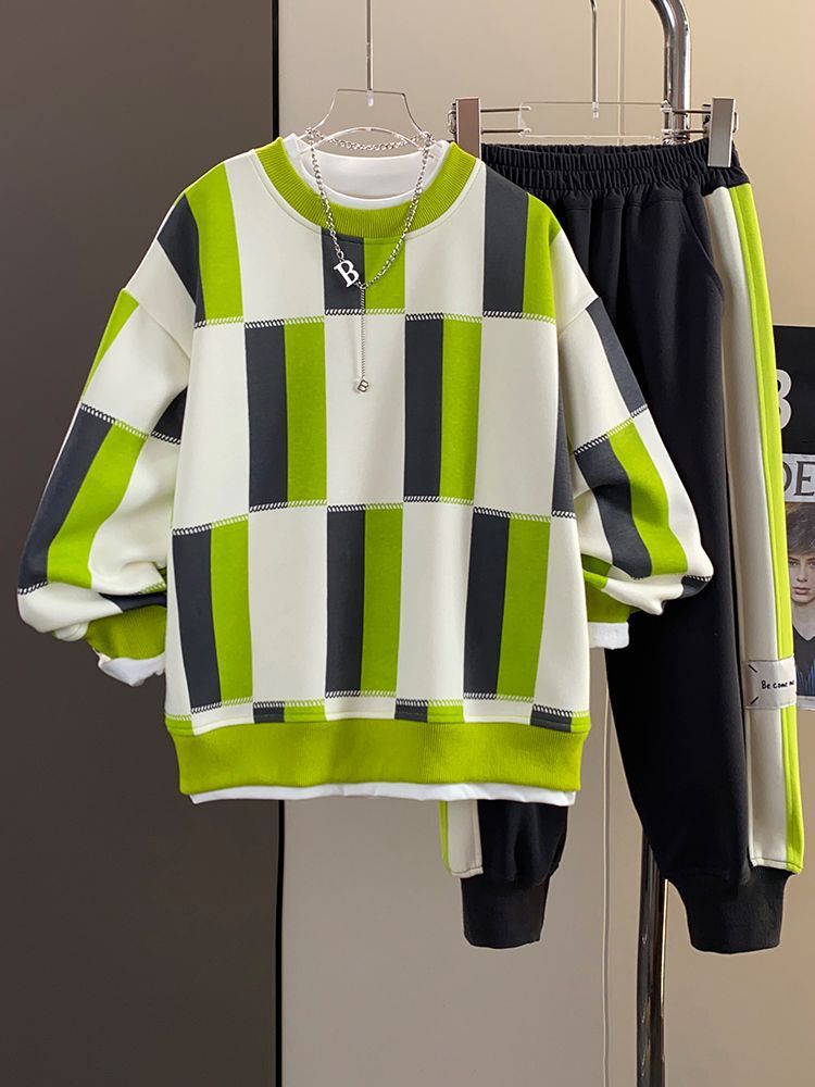 Conjunto deportivo de dos piezas para niño, suéter holgado de manga larga con diseño occidental engrosado, para primavera y otoño, 2023_voghion.com