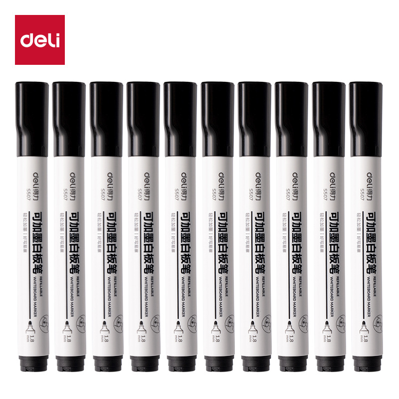 Deli Refillable Whiteboard Marker S507 Large Capacity Thick Tip Large Size Water-Based Erasable Red Blue Black Teaching and Training Marker Pen Pack