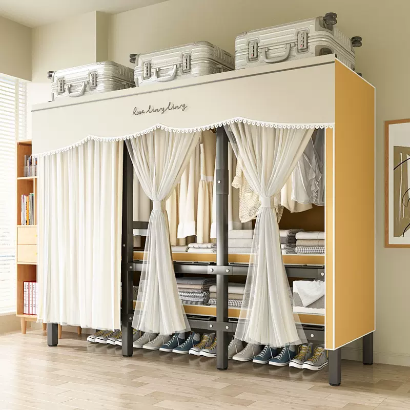 衣柜家用卧室结实耐用全钢架组装布衣柜免安装折叠简易衣橱出租房