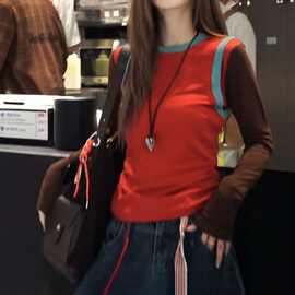 纯棉撞色拼接长袖t恤女春季2026新款大码微胖MM设计感打底衫上衣