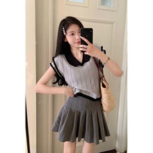 翻领短袖女夏新款显瘦针织衫上衣百搭设计感百褶半身短裙两件套潮
