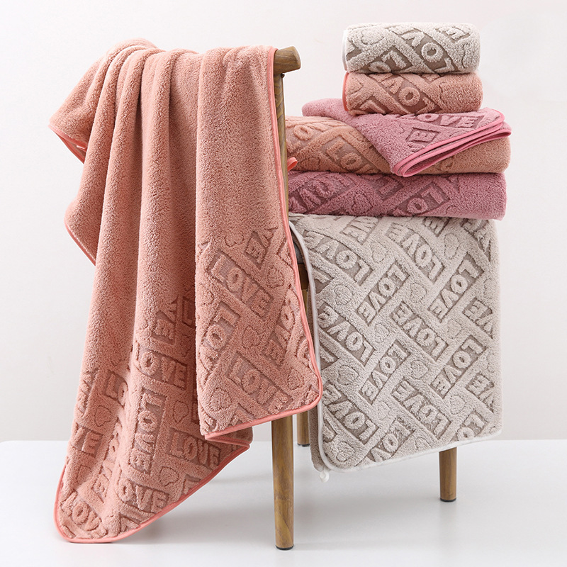 New Love Jacquard Coral Fleece Printed Towel and Bath Towel Set, Absorbent, Quick-Dry, Cross-Border Gift, Internet Celebrity