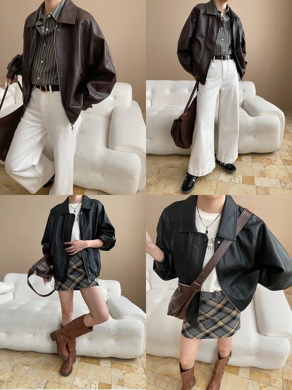 司南 摩登街头 美式复古PU皮翻领宽松显瘦皮衣夹克外套 SN8098|undefined