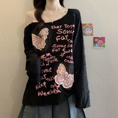 大码美式蝴蝶贴布斜肩长袖T恤女秋季新款胖mm宽松显瘦抽绳上衣女