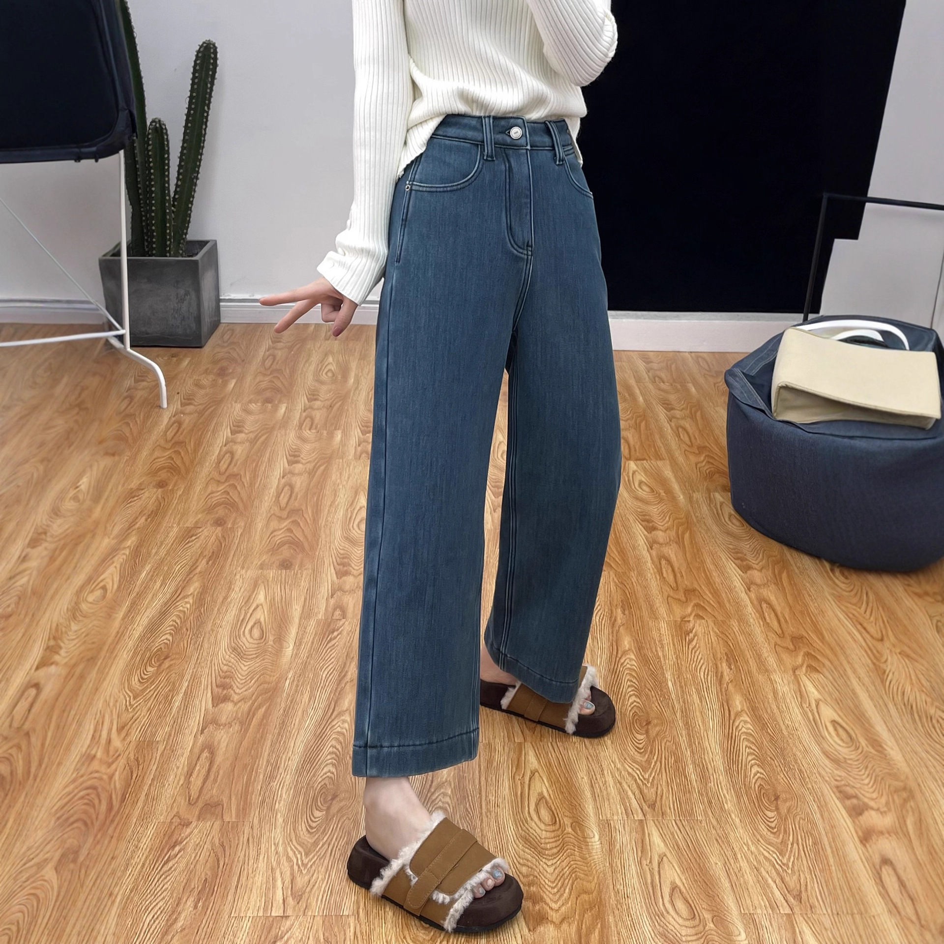 OK!超显瘦哇塞~加厚绒四面弹牛仔裤女哈伦裤高腰锥形直筒裤奶奶裤