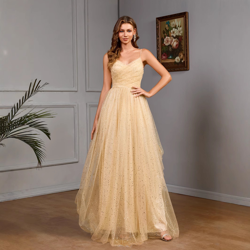 2025 Spring Elegant Sweet and Spicy Dress Solid Color Sexy Strapless Off-Shoulder Sequin Double-Layer Tight Waist Dress for Women