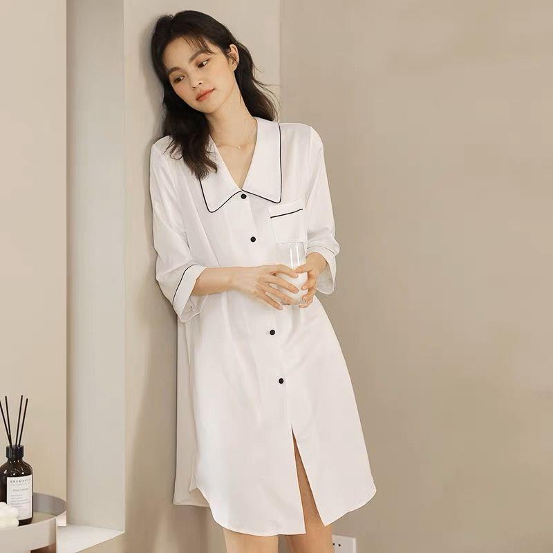 2023 pijamas de las mujeres del verano camisa cuello corto camisón de seda artificial casual simple de las mujeres 3/4 manga desgaste del hogar falda de seda de hielo