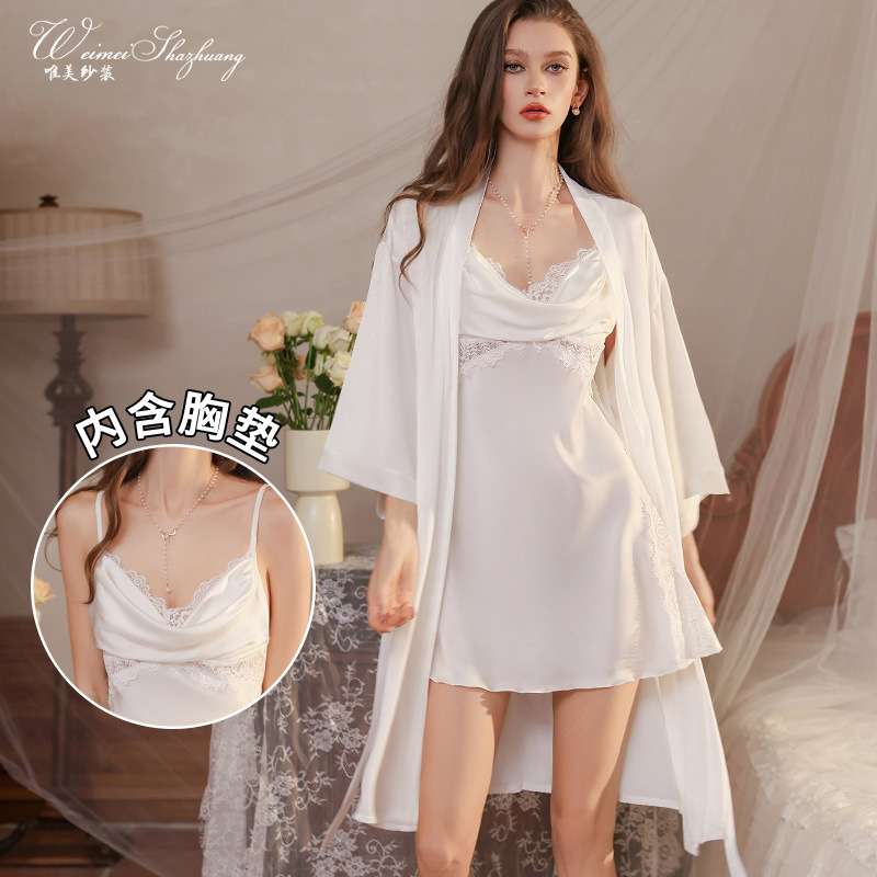 Beautiful and Sexy Lace Nightgown for Women, Lace-Spliced See-Through Seductive Home Sleepwear Set, Deep V-Neck Strap Nightgown