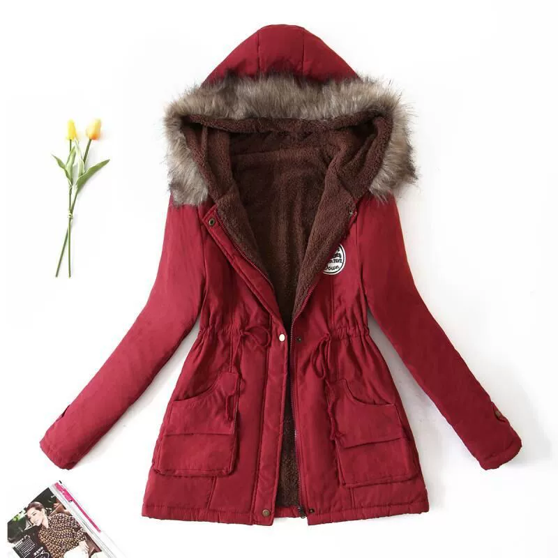Women's Winter Trench Coat, Velvet Down Jacket, Hooded, Plus Size, Drawstring Waist