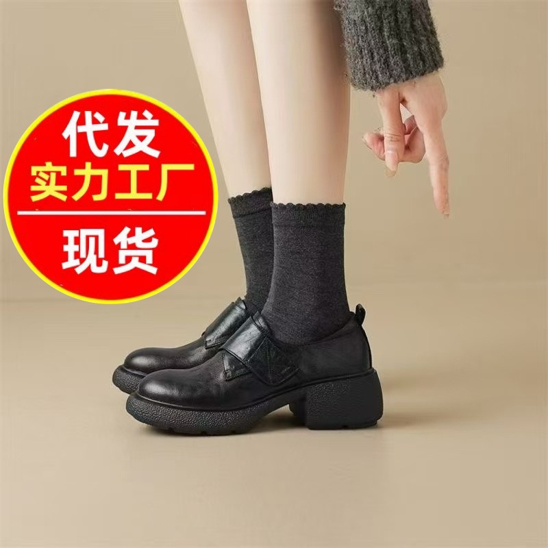 2026 New Style Cowhide Comfortable Commuting Chunky Heel Retro Soft Sole Loafers for Women with Thick Sole, Round Toe, and Velcro Deep Cut