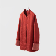 新中式国风红丝绵棉袄桑蚕丝红云纱提花夹棉保暖外套棉服