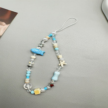 新款串珠手机链蓝色小鱼骨头配件手机挂绳淡蓝色系女款手机绳跨境