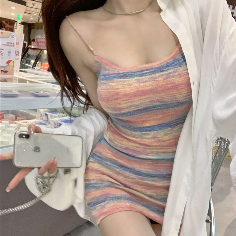 2025夏甜辣妹彩虹条纹吊带连衣裙仙女性感针织短裙露背收腰包臀裙