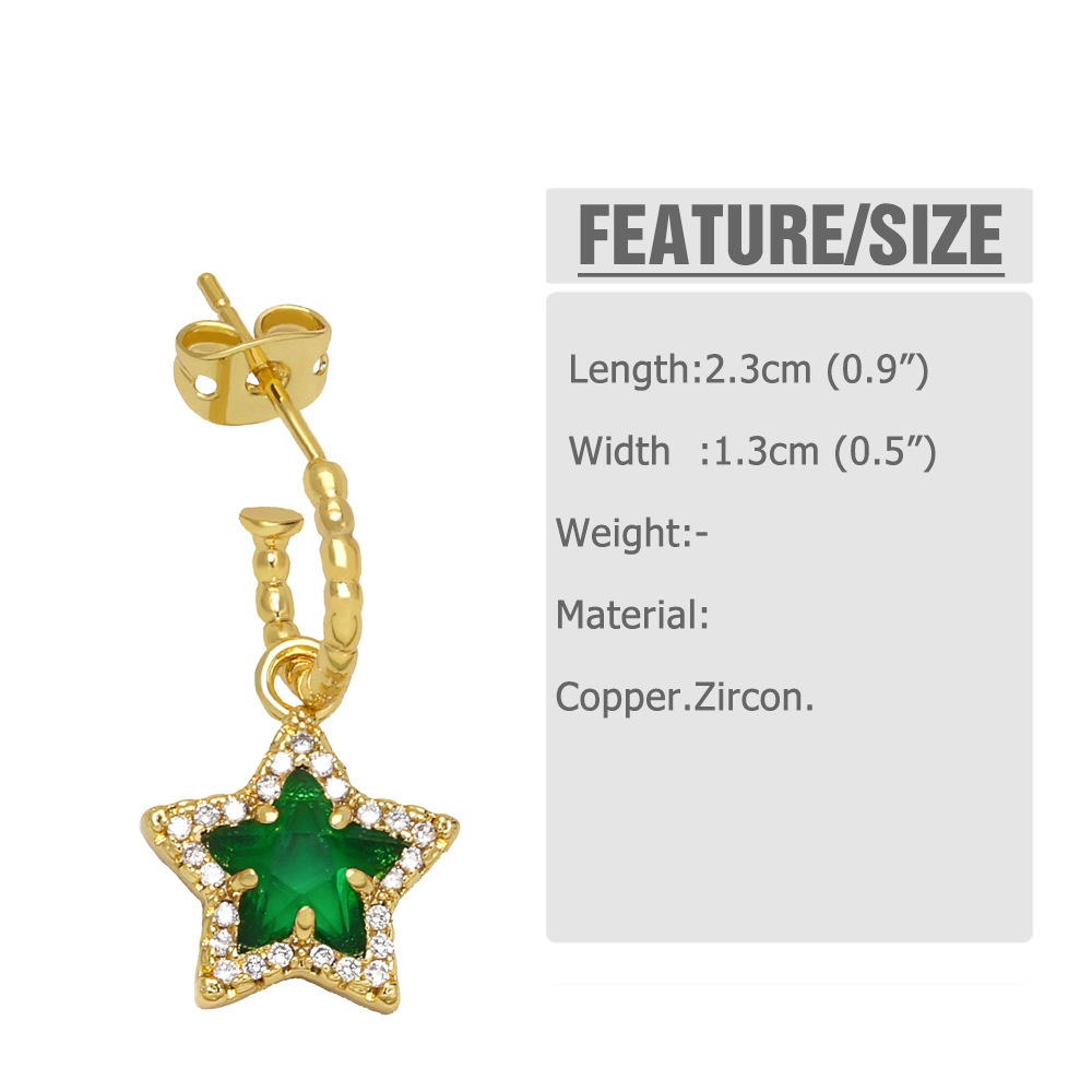 Retro Five-pointed Star C-shaped Copper Gold-plated Inlaid Zircon Earrings display picture 2