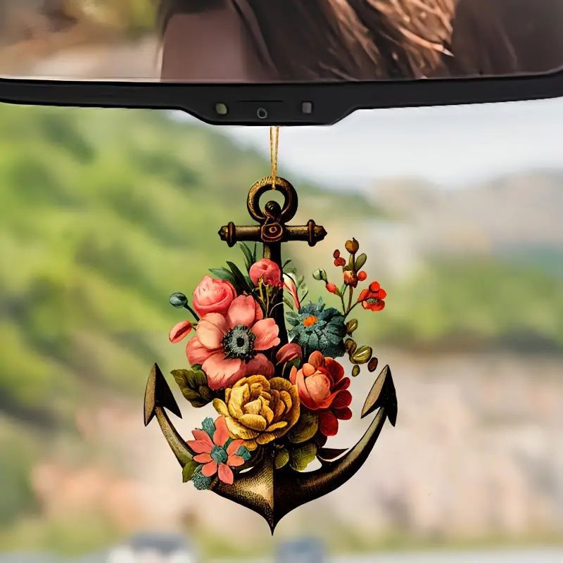 Nuevos productos creativos flores de barco ancla colgante acrílico plano transfronterizo automóvil espejo retrovisor interior decoración colgante llavero image 4