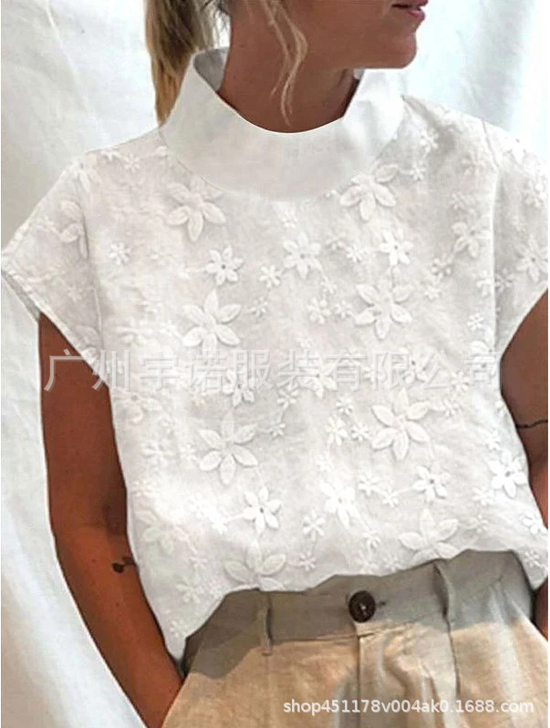 Amazon deseo AliExpress 2023 nuevo europeo y americano de las mujeres Jersey bordado de algodón y lino cuello alto elegante camisa