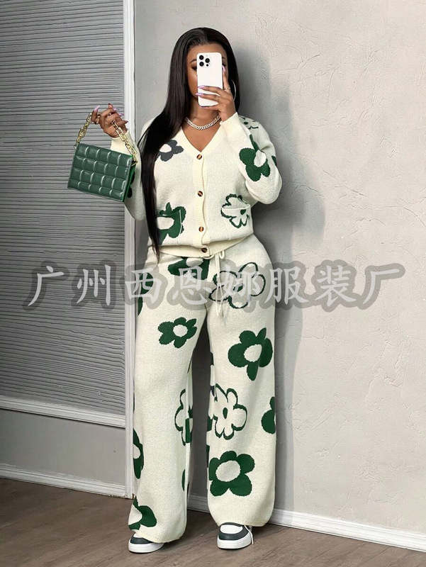 休闲简约V领长袖开襟外套+阔腿裤绿色花卉针织套装女士毛衣两件套|undefined