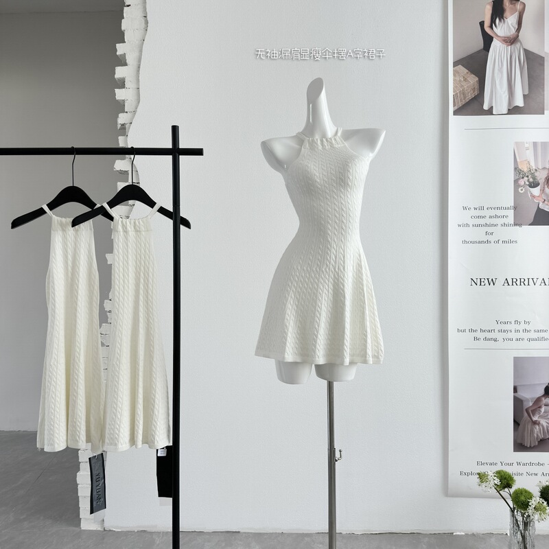 2026 Real Shot White Halter Neck Tie Waist Dress for Women, Sleeveless Off-Shoulder Slimming A-Line Dress with Flared Hem