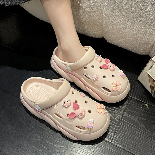 Women's Anti-Odor Elevation Thick Sole Hole Shoes Summer Fashion Outdoor Wear Anti-Slip Beach Shoes Removable DIY Accessories