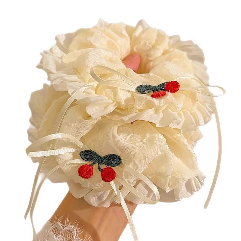Embroidered Cherry Scrunchie With Lace Tie For Hair Accessory_voghion.com