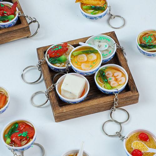 Wholesale rice noodle mini food bowl small bowl ornament imitation blue and white porcelain bowl imitation food pendant keychain