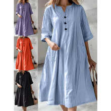 2025春夏亚马逊独立站跨境中长款领半袖棉麻宽松三粒扣口袋连衣裙