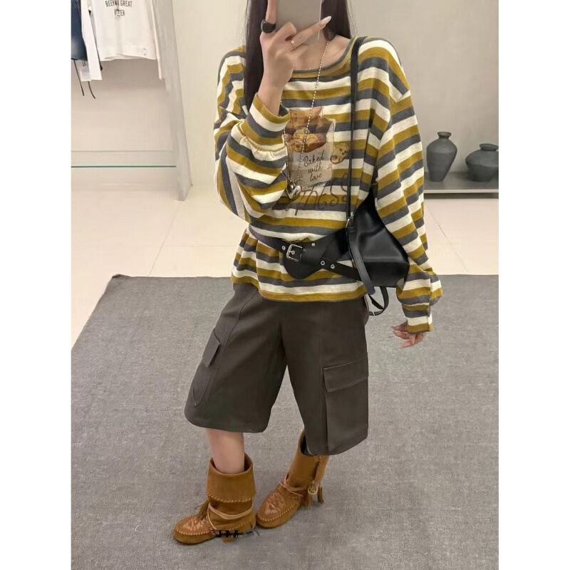 Korean-style relaxed retro color-block striped cookie print long-sleeve T-shirt for women, autumn loose fit, slimming and versatile base shirt Korean-style relaxed retro color-block striped cookie print long-sleeve T-shirt for women, autumn loose fit, slimming and versatile base shirt