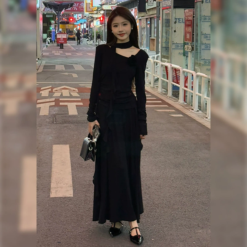 2025 новое французское платье с длинным рукавом для женщин, весенняя одежда, полный комплект костюмов с длинной юбкой для миниатюрных размеров