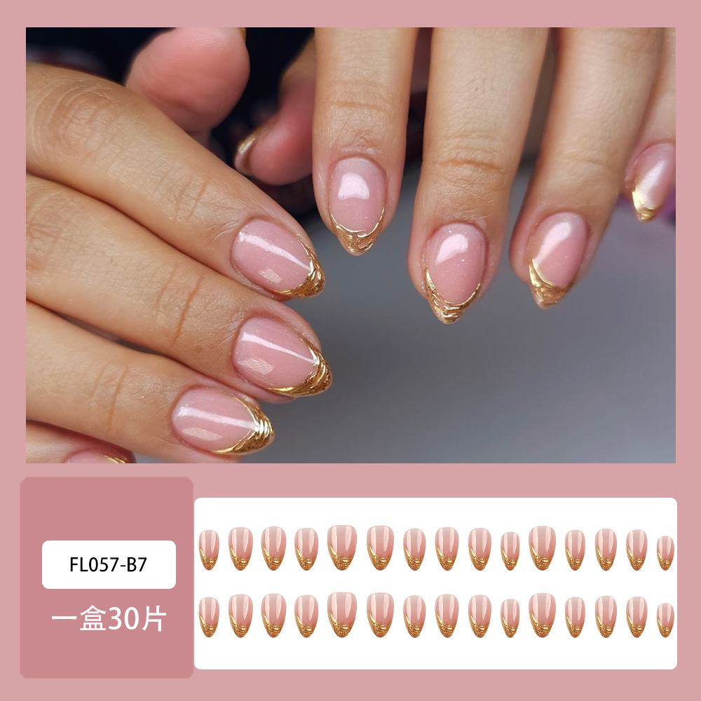 3D en relieve tridimensional, uñas postizas rosadas en forma de almendras, uñas cortas, 30 piezas, parches de uñas francesas doradas
