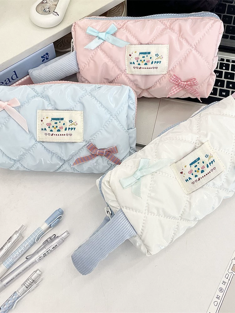 Capacious Pencil Case, Handheld Storage Bag with Bow Accent, Quilted Design, Multiple Colors