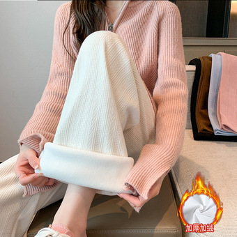 咖色雪尼尔阔腿裤女秋冬2025年新款高腰垂感休闲加绒麦穗纹针织裤